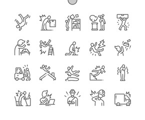 Workplace injury. Falls from heights. Overexertion. Vehicle incidents. Backache. Pixel Perfect Vector Thin Line Icons. Simple Minimal Pictogram