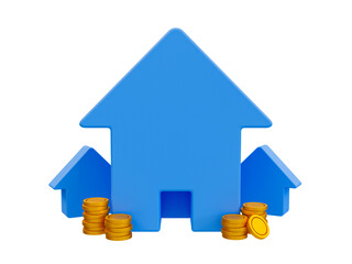 3d minimal real estate investment. property investment concept. house with a pile of coins. 3d illustration.
