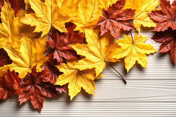 Autumn composition of maple leaves on white wooden background. Generative AI