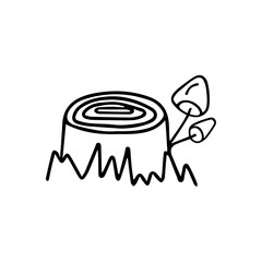 Hand drawn illustration of stump and mushrooms.