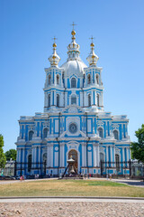 Fototapeta na wymiar The old Smolny Cathedral close-up. Saint Petersburg