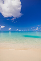 Closeup sea sand sky beach. Panoramic coast landscape. Inspire tropical Mediterranean beach seascape horizon.  Peaceful calm tranquil relaxing sunlight. Vacation travel banner minimalism copy space 