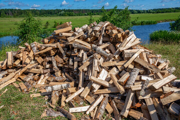A pile of firewood on the river bank