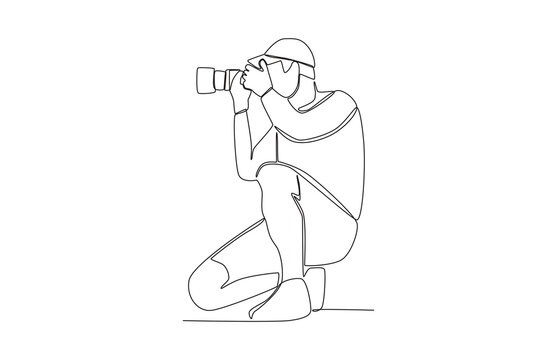 One continuous line drawing of a male photographer taking photos from the left side by squatting
