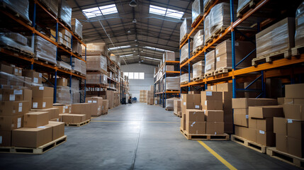 Huge warehouse with large shelfs, carboard boxes and products.
