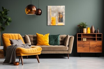 interior design, Abstract painting on grey wall of retro living room interior with beige sofa with pillows, vintage dark green armchair and yellow pouf with book. created generative ai.