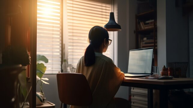 Rear View Of Asian Woman Casual Cloth Working Using Computer At Home Sunset Moment ,woman Sit At Desk Near Window Working Freelance From Home In Evening,ai Generate