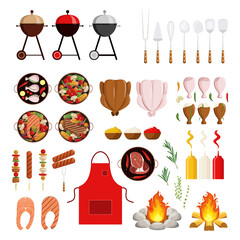 Barbecue set. Raw and ready-made food, sauces and spices, bonfire.