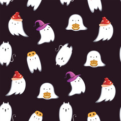 Seamless patern with cute ghosts. Cartoon style. Halloween.

