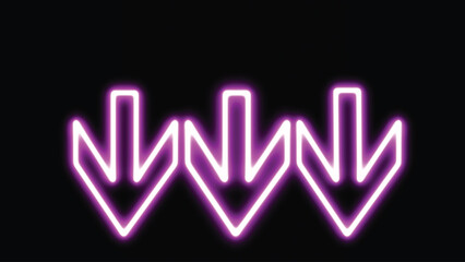 Glowing purple three neon arrow down direction on black background. Bright neon down abstract directional icon. vector, neon glowing arrows. Direction banner. Futuristic light on black background.