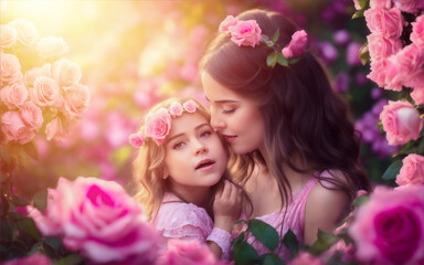 Fototapeta premium mother and child in beautiful garden, generative ai