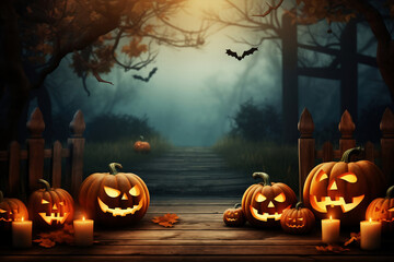 Halloween pumpkins near a tree in a cemetery with a scary house. Halloween background at night forest with moon and bats.