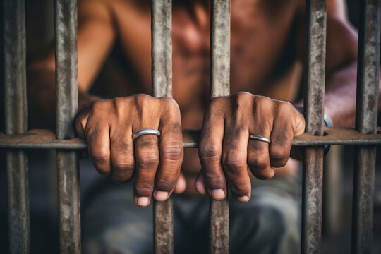 Man behind prison bars. Men's hands rest on the bars of a prison or prison cell. Conclusion concept. Crime and Punishment. Close-up. Repression. Justice.