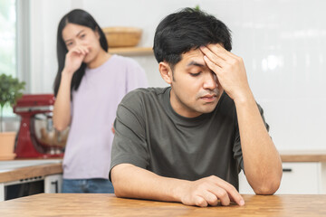 Breakup and depressed, asian young quarrel  couple love fight relationship in trouble. Different people are emotion angry. Argue husband has expression, upset with wife. Problem of family people.