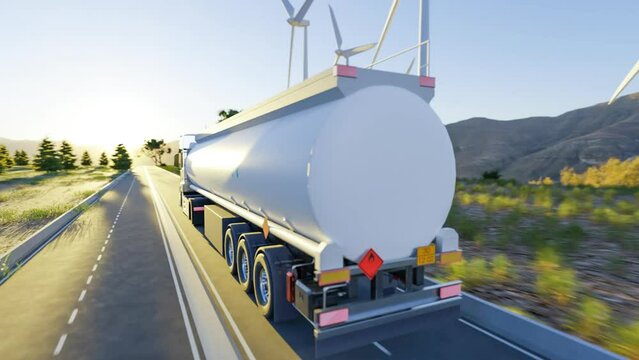 Hydrogen fuel transportation and storage footage, green power and zero emissions energy, big truck with hydrogen storage transfer with wind turbines or wind mill, 3d illustrations rendering