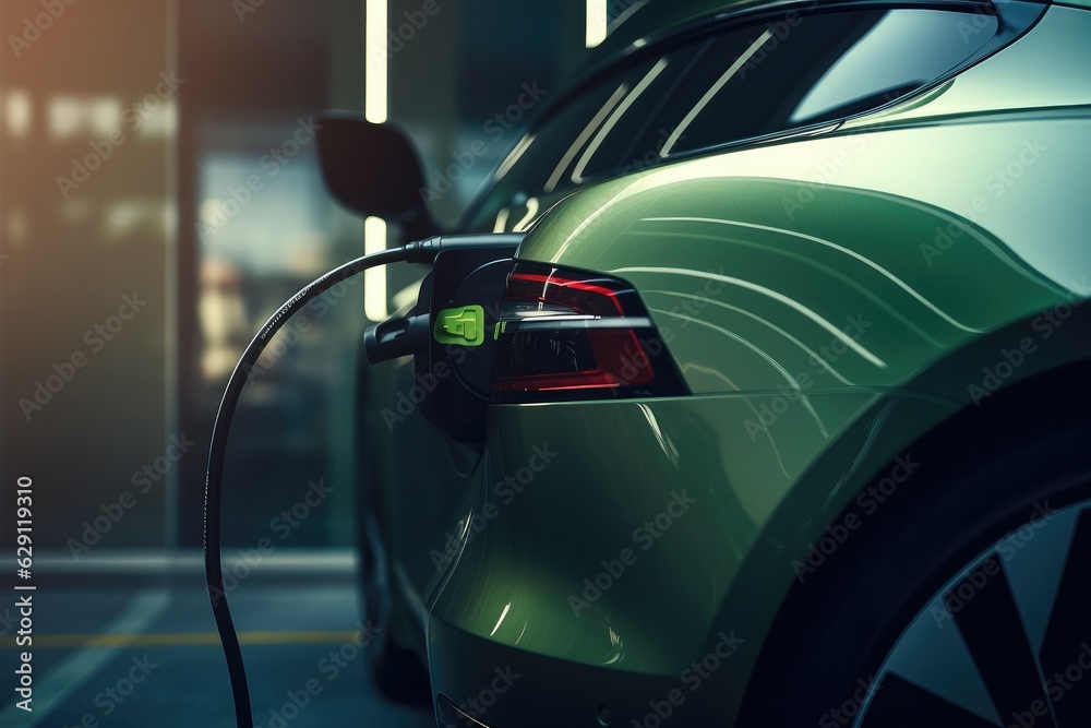 Canvas Prints Electric car charging at a gas station in the city, industrial landscape, neon elements, healthy environment without harmful emissions. Eco concept