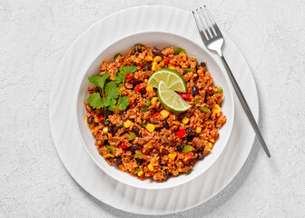 Mexican ground beef casserole with rice, beans