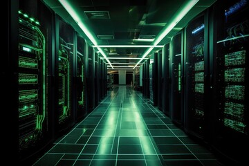 Fototapeta premium Working Data Center Full of Rack Servers and Supercomputers, Modern Telecommunications, Artificial Intelligence, Supercomputer Technology