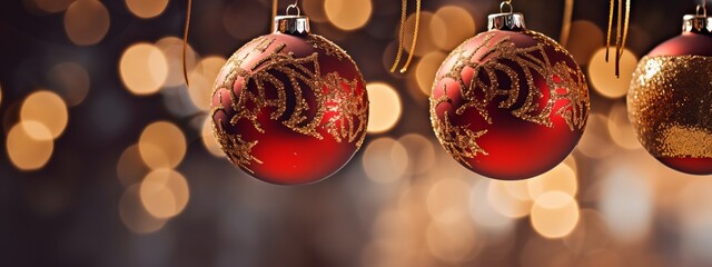 christmas celebrate bokeh background shiny red gold color decorating ball with warm happiness...