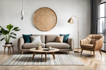 Living room interior with mock up poster frame, beige sofa, round wooden coffee table, rug, pouf, vase with rowan, rounded shapes armchair, braided plaid and personal accessories. AI generated
