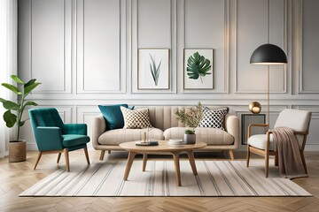 Living room interior with mock up poster frame, beige sofa, round wooden coffee table, rug, pouf, vase with rowan, rounded shapes armchair, braided plaid and personal accessories. AI generated
