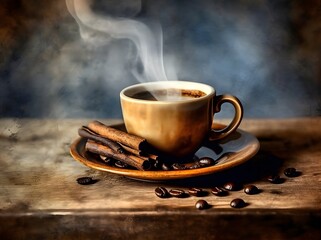 Fototapeta premium cup of coffee with beans and cinnamon with retro style