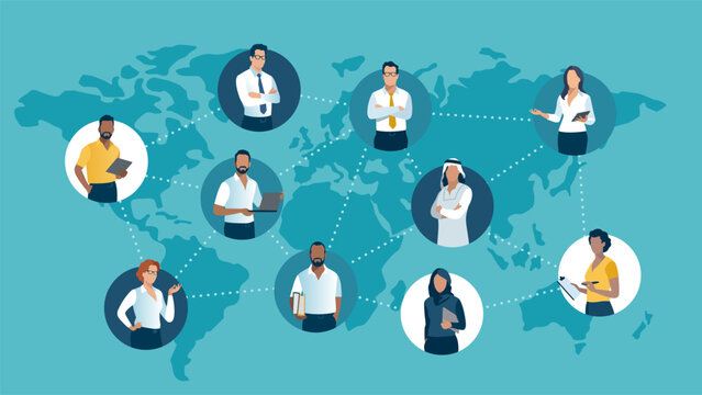 Global Network. Illustration Of A Diverse Business Team Connected By Dots On A World Map Background. Business Illustration. 