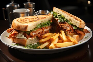 Grilled sandwiches with chicken and egg served with french fries