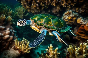 Fototapeta na wymiar turtle swimming in aquarium generative AI tools.