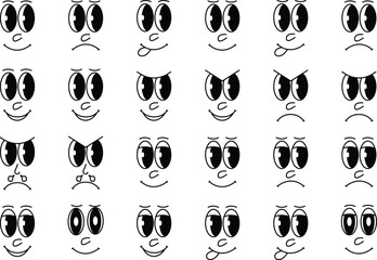 Old animation funny face caricatures. Vintage 50s cartoon and comic happy facial expressions. Retro quirky characters emoji set. Cute avatars. Vintage comic smile for logo vector set.
