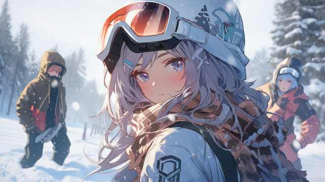 Beautiful young woman outdoor during winter season ready for skiing with her friends - Generative AI