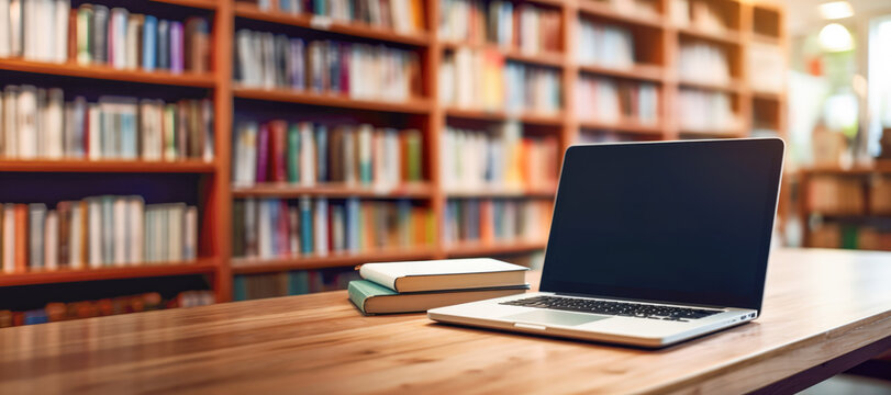 library, where rows of books stand alongside laptops and notebooks, showcasing the harmonious blend of technology and literature in the pursuit of knowledge.