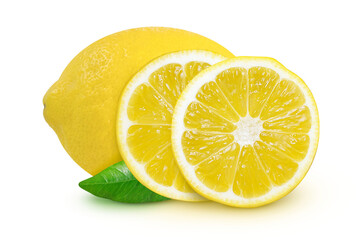 Lemons on an isolated white background. Whole and slices