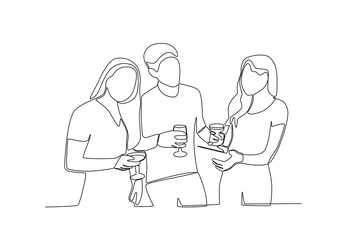 One continuous line drawing of three friends discussing past moments when they got together

