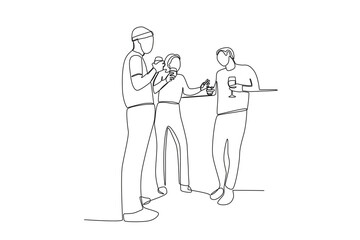 One continuous line drawing of three friends having fun talking while hanging out
