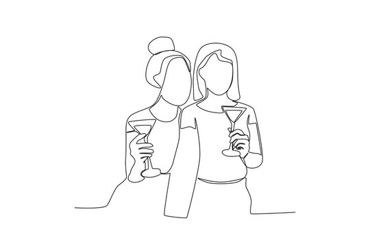 One continuous line drawing of two friends who were hanging out and taking pictures