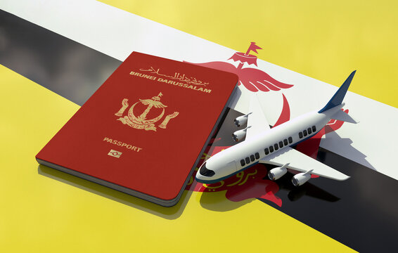 Brunei Passport with an airplane on flag 3D Illustration - Bruneian