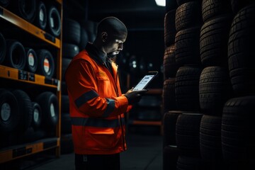 Employee scanning a bar code on a tire at a garage shop.