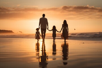 Happy family walking on a beach at sunset. Relax and joy concept. Family trip and vacations