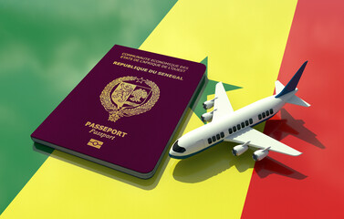 Fototapeta premium Senegal Passport with an airplane on flag 3D Illustration - Senegalese