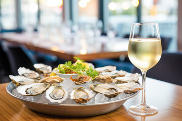 Fototapeta na wymiar Seafood Indulgence: A Delectable Feast of Fresh Oysters on the Half Shell, Skillfully Presented on a Plate at a Fine Dining Restaurant