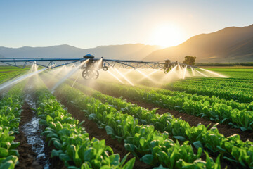 irrigation sprinklers revitalizing the agricultural landscape. The efficient water distribution fosters healthy plants and contributes to the vibrancy of rural farmland. - obrazy, fototapety, plakaty