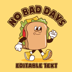 retro cartoon funny, groovy character, sandwich groovy cartoon character