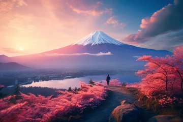 Tuinposter Japan's picturesque landscape boasts the iconic Mount Fuji, framed by colorful flowers and trees, and its reflection dances on the tranquil lake beneath the vast blue sky © EdNurg