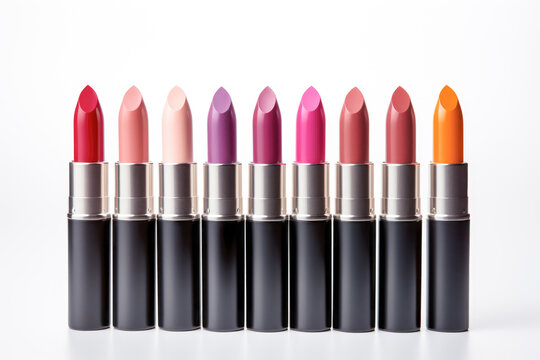 A stunning lipstick set displayed in a closeup studio shot, showcasing a variety of colors, with a focus on the bold and glamorous shades of red against a clean white background.