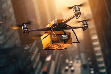 Delivery drone in warehouse. Futuristic technologies of the future