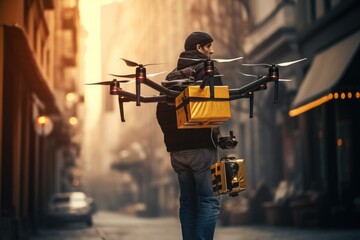 Fototapeta premium Delivery drone in warehouse. Futuristic technologies of the future