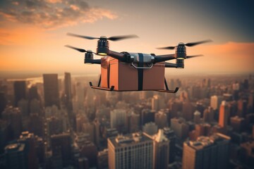 Fototapeta na wymiar Delivery drone in warehouse. Futuristic technologies of the future