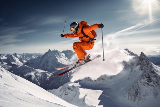 Skier jumping in the snow mountains on the slope with his ski and professional equipment on a sunny day