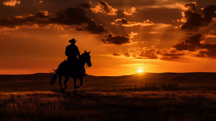Fototapeta na wymiar A cowboy rides a horse against the backdrop of a beautiful sunset.